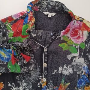 John Mark Top Large Tunic Wire Collar Hummingbird Boho Artsy Floral Multicolor